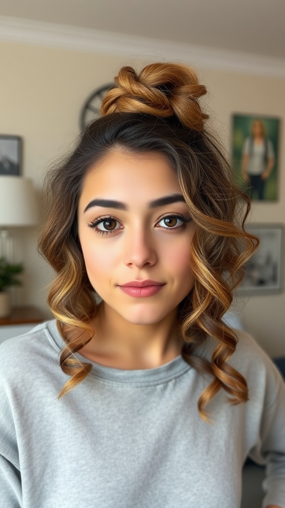 A woman with messy bun and loose 3C curls, wearing a gray top, with a relaxed expression.
