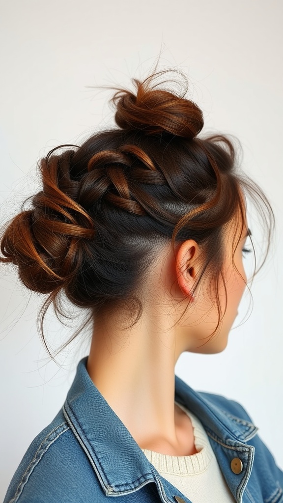 A woman with a messy bun hairstyle featuring loose strands and a denim jacket.