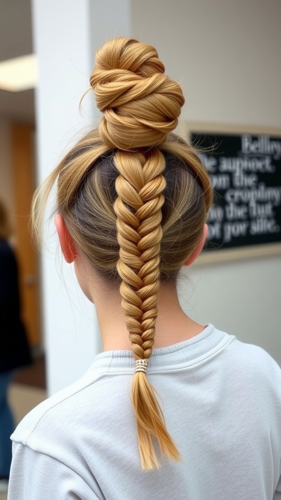 A person with a messy bun and a braided ponytail hairstyle