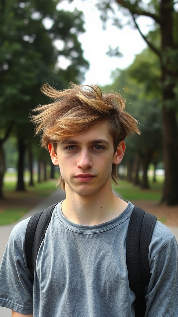 Young person with messy casual mullet hairstyle in a park