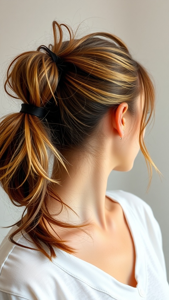 A woman with a messy chic ponytail, showcasing loose strands and highlights.