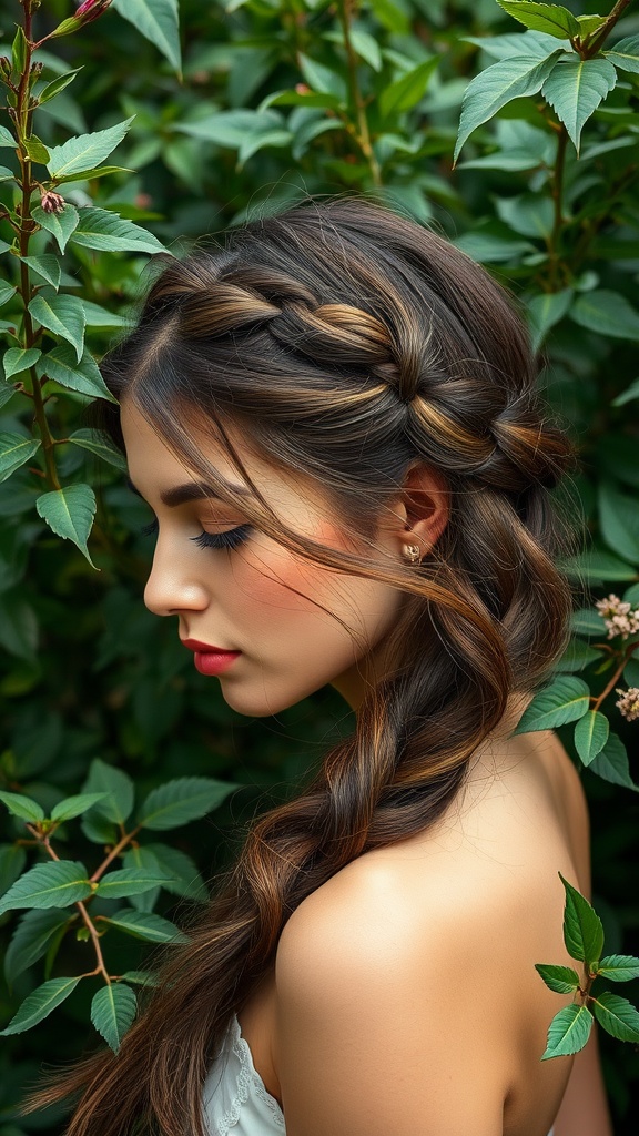 A woman with a messy crown braid hairstyle, surrounded by lush green foliage.