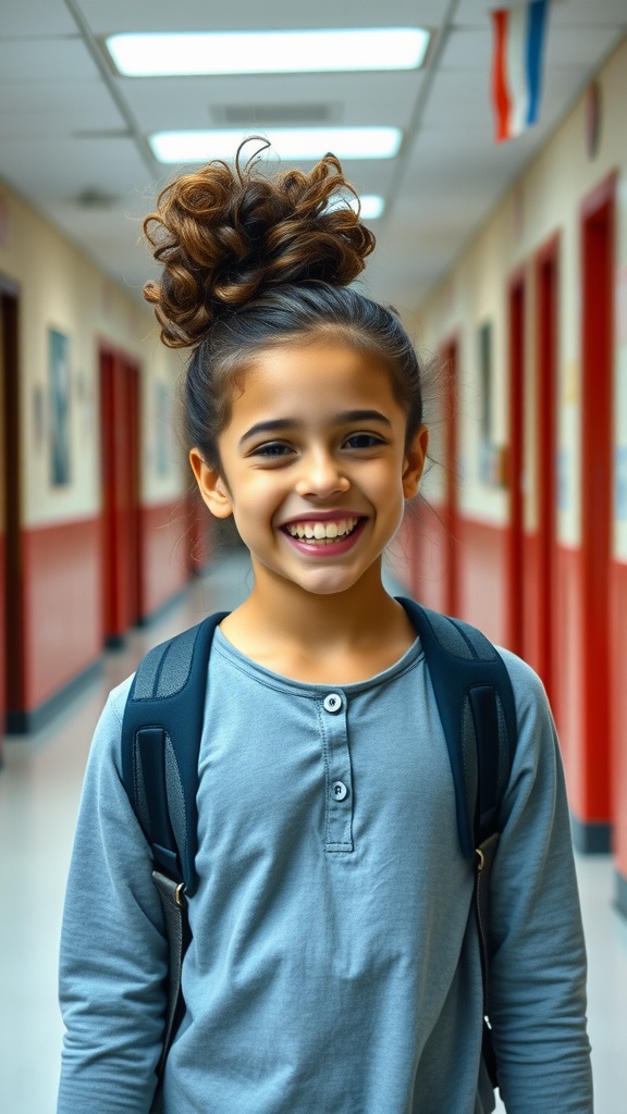 A happy child with a messy curly bun, wearing a grey long-sleeve shirt and a backpack, smiling in a school hallway.