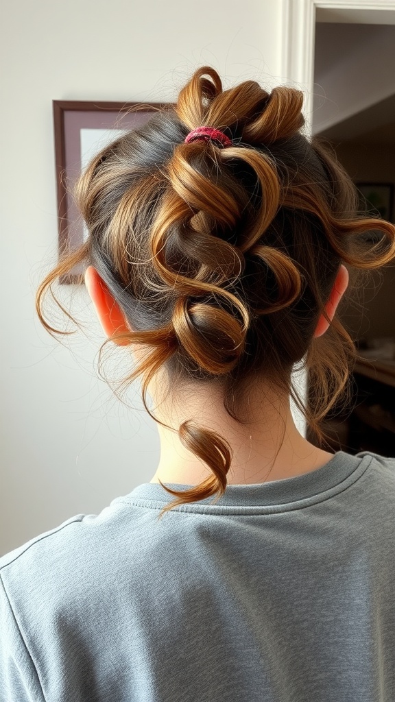 A messy curly ponytail hairstyle showcasing defined curls and a relaxed style.