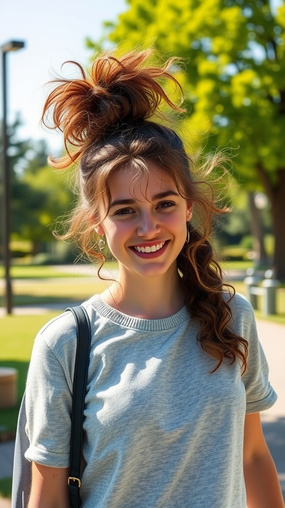 A young woman with a messy curly ponytail smiling outdoors