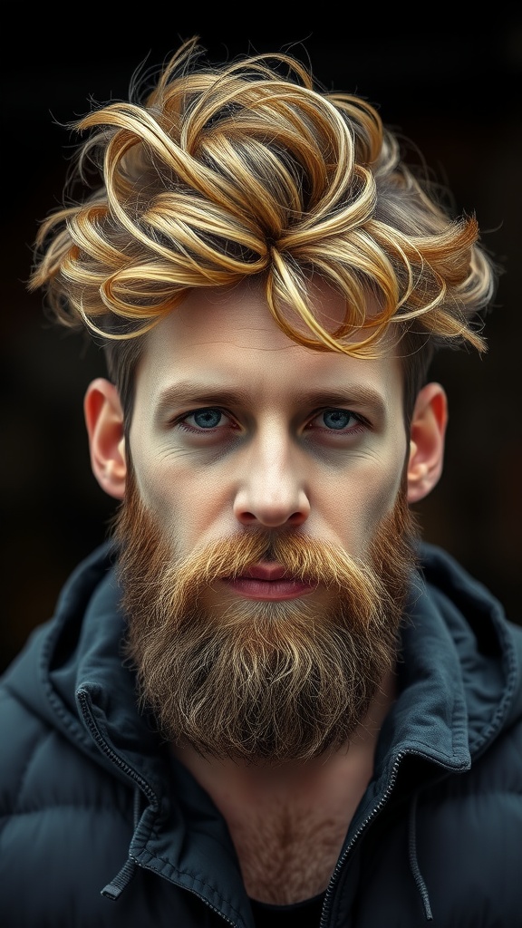 A man with messy curly hair and a full beard, showcasing a trendy hairstyle.