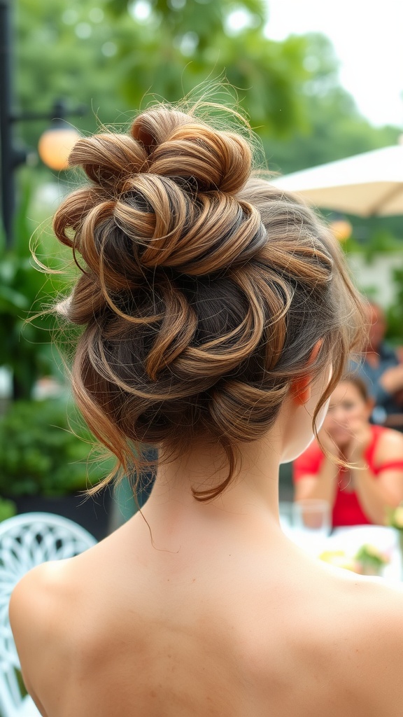 A woman with a messy curly updo and curly bangs, showcasing a playful and romantic hairstyle.