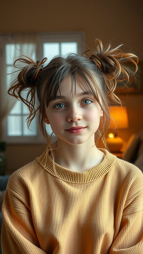 A girl with messy double ponytails, wearing a cozy yellow sweater, looking at the camera with a friendly expression.