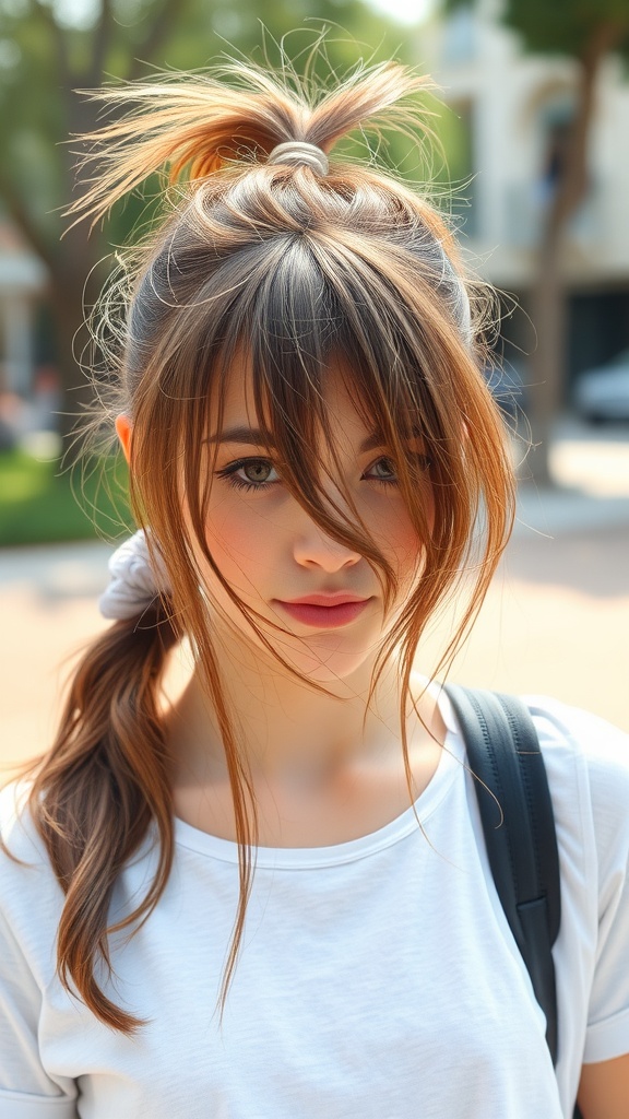 A young woman with a messy frontal ponytail, wearing a white shirt and a hair tie, with loose strands framing her face.