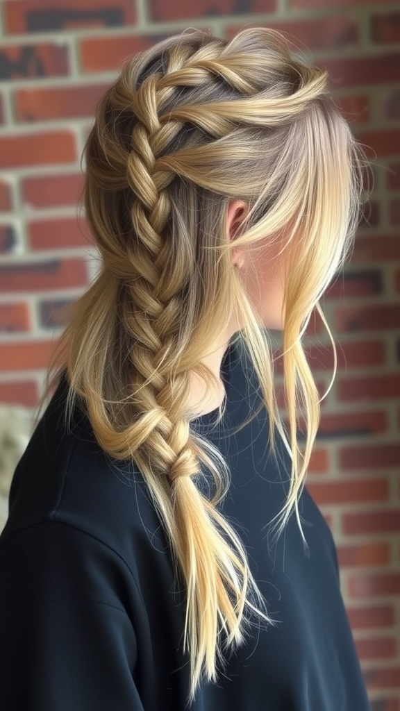 A casual messy half braid hairstyle, featuring a loose braid and flowing hair.