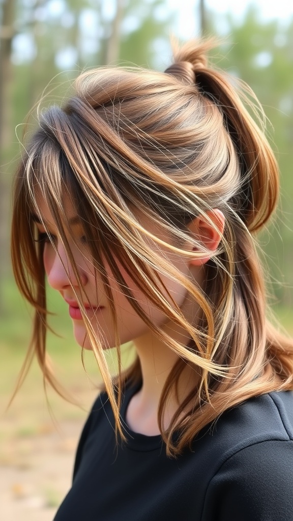 A woman with a messy half up ponytail, featuring loose strands of hair around her face.