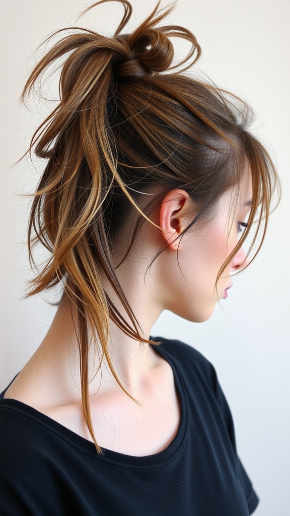 A woman with a messy high ponytail, showcasing a casual hairstyle.