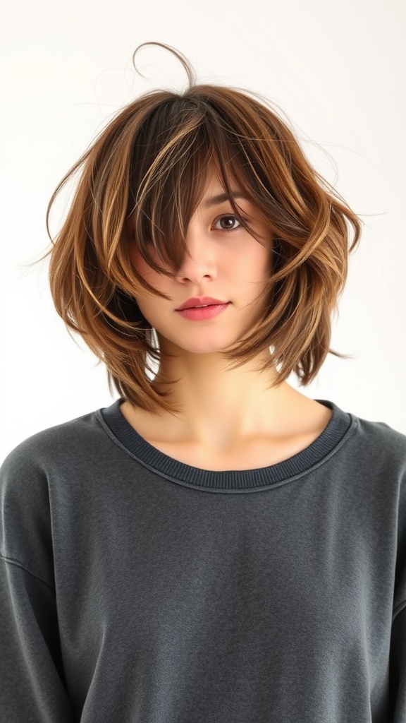 A woman with a messy layered bob hairstyle, looking fresh and stylish.