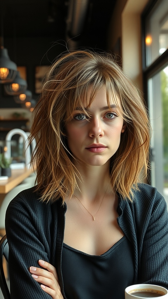 A woman with a messy long bob hairstyle, wearing a black top and cardigan, sitting in a cafe.