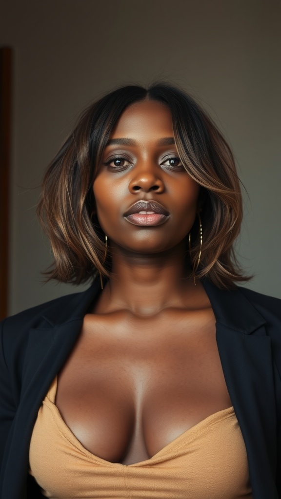 A woman with a messy long bob hairstyle, showcasing soft waves and a stylish look.