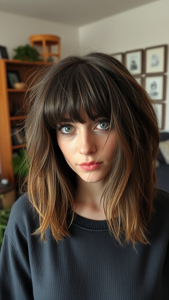 A woman with a messy long bob hairstyle featuring textured bangs, looking directly at the camera.