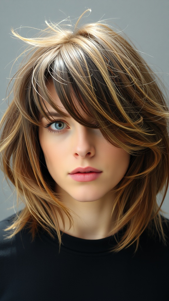 A woman with a messy long bob hairstyle showcasing layered thick hair styled with texturizing spray.