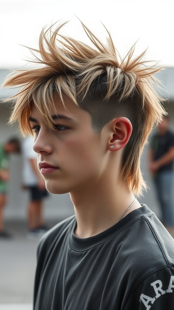 A young person with a messy long mullet hairstyle featuring a fade on the sides.