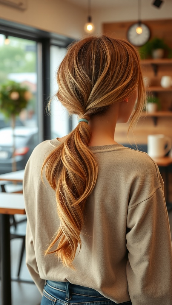 A woman with long hair styled in a messy low ponytail, viewed from the back, in a cozy cafe setting.