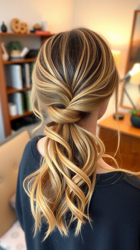 A casual messy low ponytail hairstyle with loose curls, showcasing a relaxed yet stylish look.