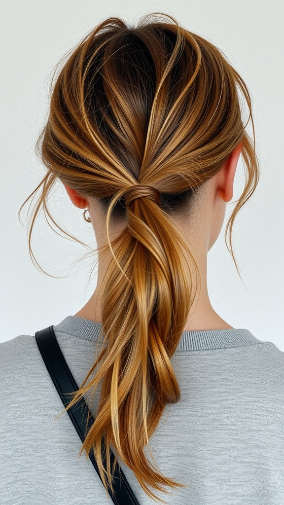 A woman with a messy low ponytail hairstyle, showing a relaxed and stylish look.