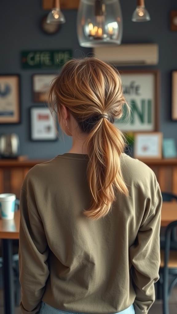 A person with a messy mid ponytail, wearing a casual outfit, standing in a cozy café.