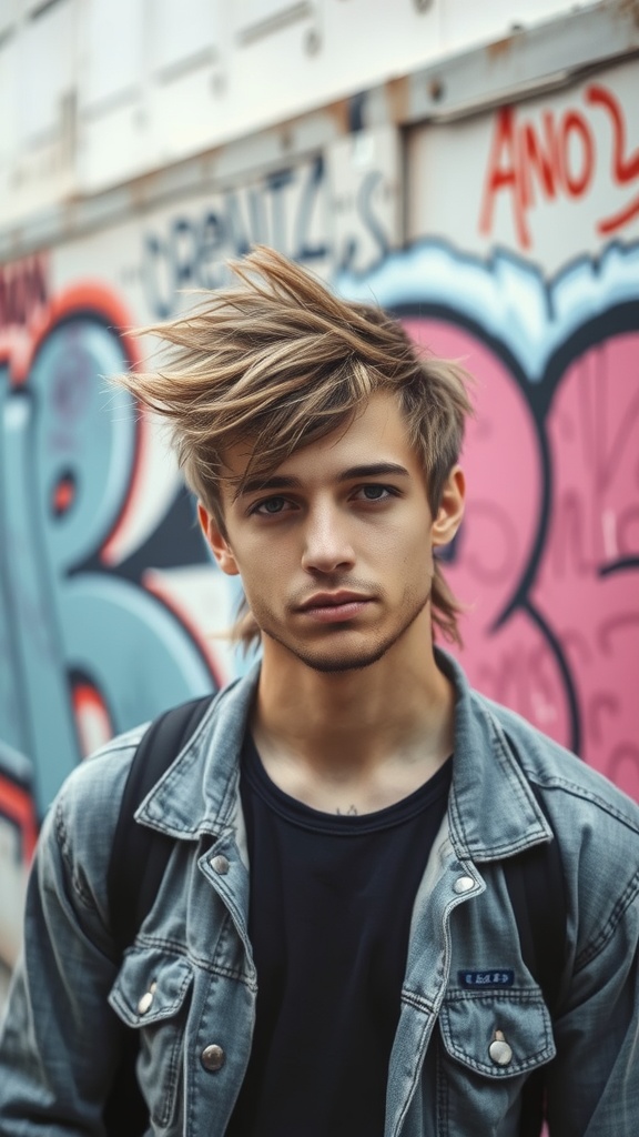 A young man with a messy mullet hairstyle, standing against a colorful graffiti wall.