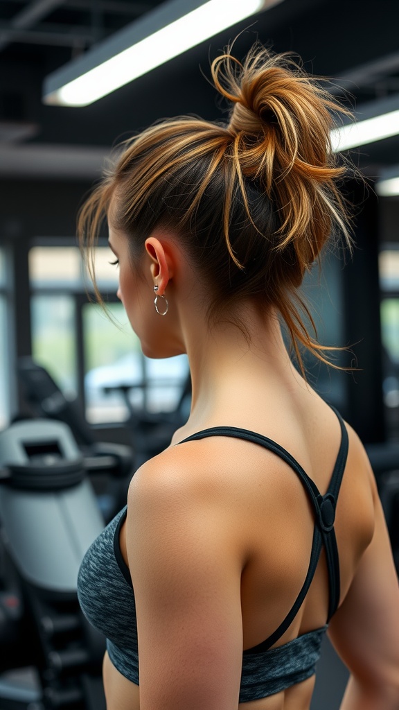 A woman with a messy ponytail, wearing a workout outfit in a gym setting.