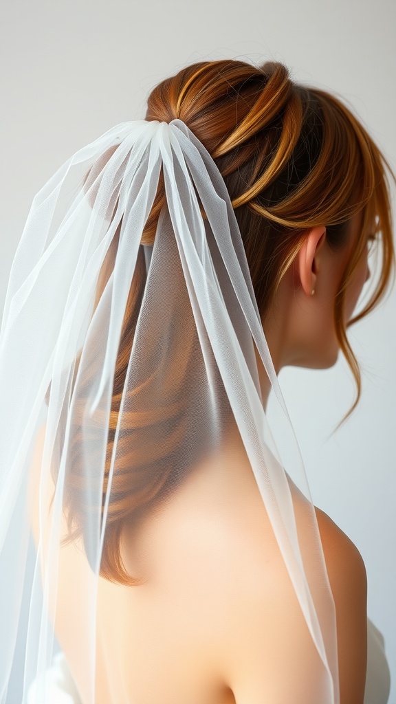 A woman with a messy ponytail hairstyle adorned with a romantic veil.