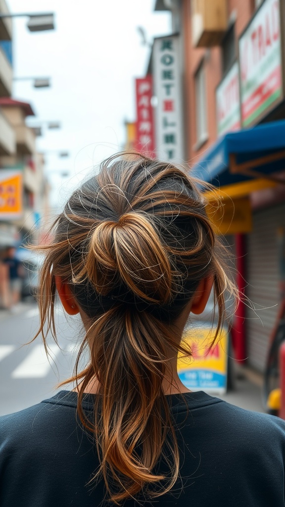 A woman with a messy ponytail and face-framing strands, standing in a street with shops.