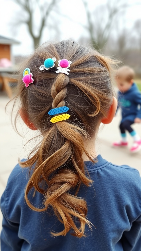 A child with a messy ponytail hairstyle adorned with colorful hair clips.