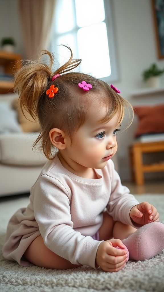A toddler with a messy ponytail decorated with colorful hair clips, sitting on a rug.