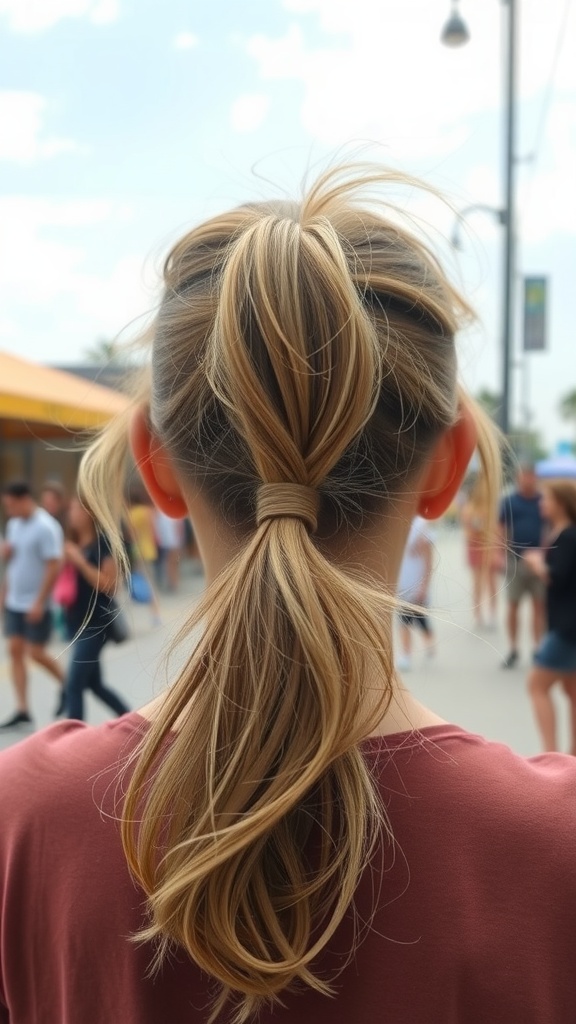 A woman from the back with a messy ponytail, showcasing natural texture.