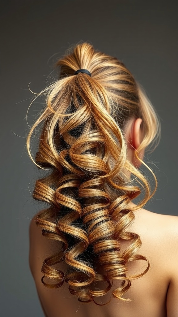 A messy ponytail with soft curls, showcasing a carefree and stylish hairstyle.