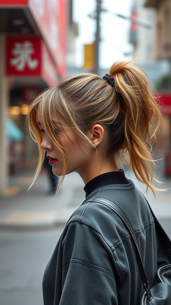 A woman with a messy ponytail and textured bangs walking in the city