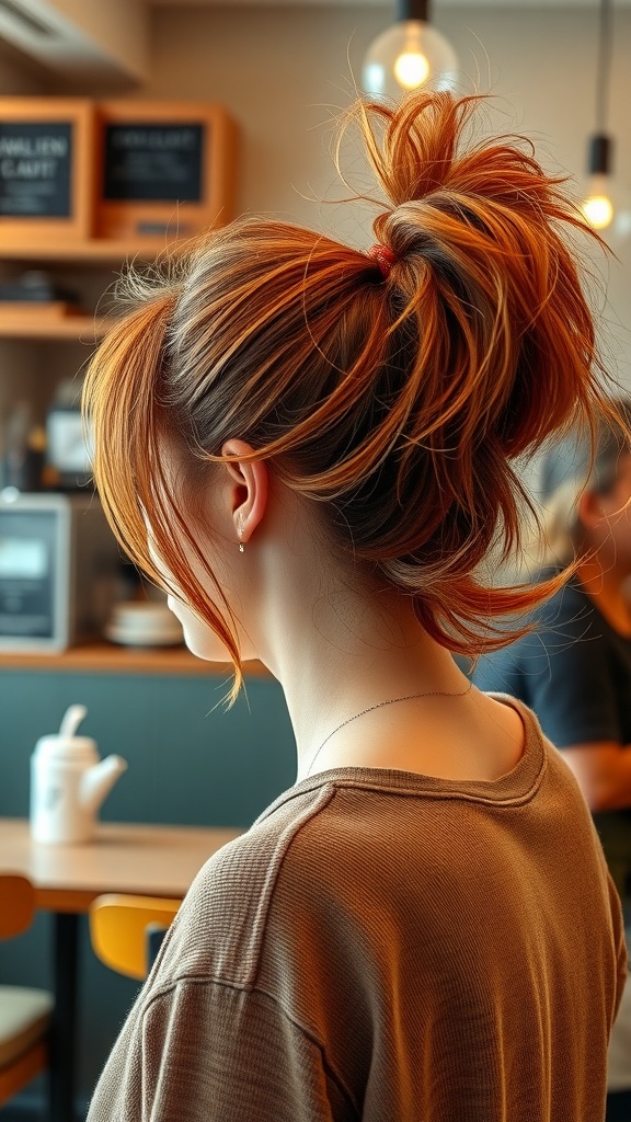 A woman with a messy red ponytail, showcasing textured hair in a casual setting.