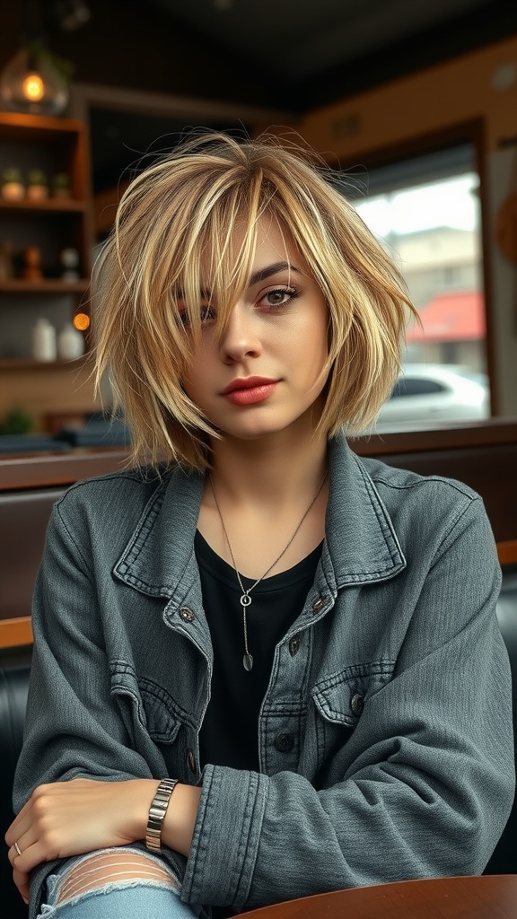 A casual messy short blonde bob hairstyle with a model wearing a denim jacket
