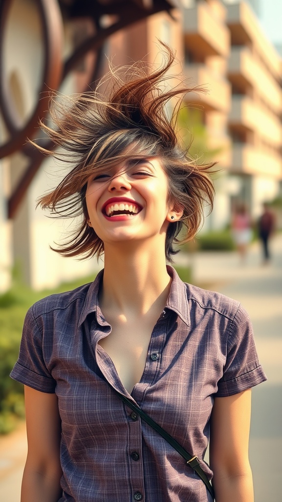 A woman with a messy short hairstyle smiling outdoors.