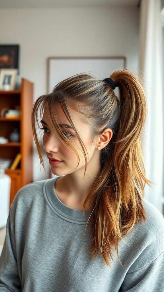 A woman with a messy slick ponytail hairstyle, featuring loose strands and a casual look.