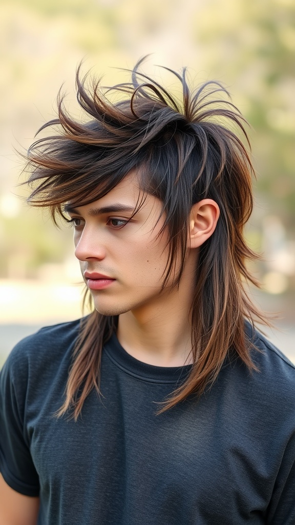 A young person with a messy straight mullet hairstyle, showcasing a casual vibe.