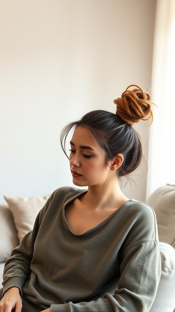 A woman with a messy top knot hairstyle, sitting on a couch, wearing a green long-sleeve shirt.