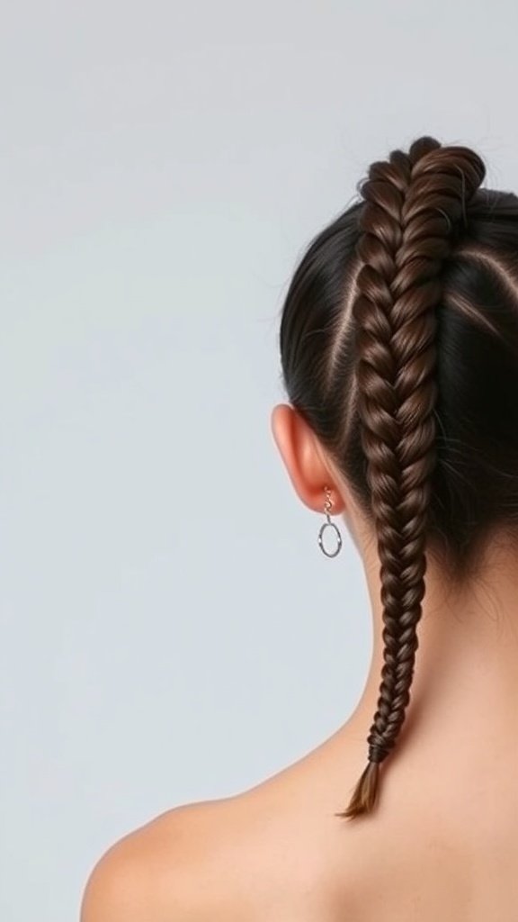 A close-up of a micro braid ponytail hairstyle on a woman, showcasing tiny braids pulled back into a sleek ponytail.