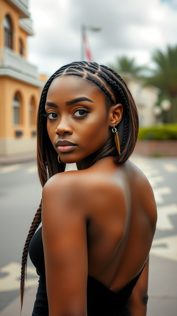 A young woman with mid-length bob braids, wearing a backless outfit, looking back over her shoulder with a confident expression.