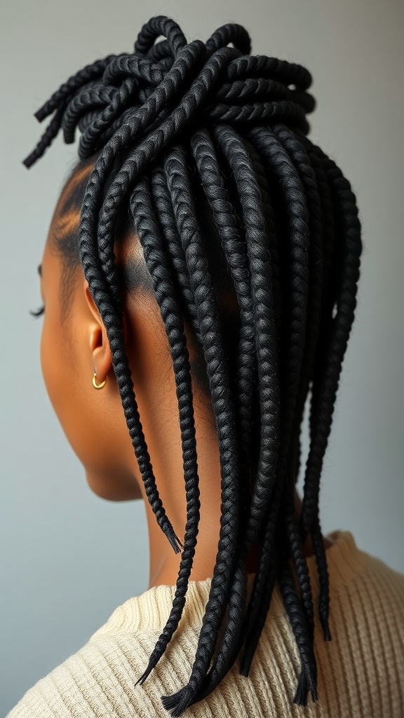 A woman with miniature locs styled in an elegant updo, showcasing their length and texture.