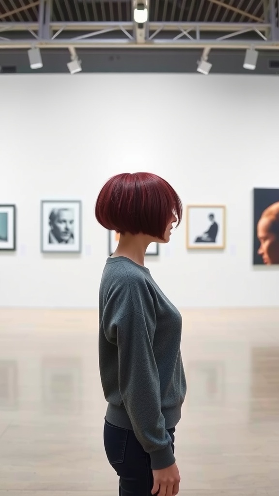 A woman with a modern bowl cut in a gallery setting, showcasing a vibrant red hairstyle.