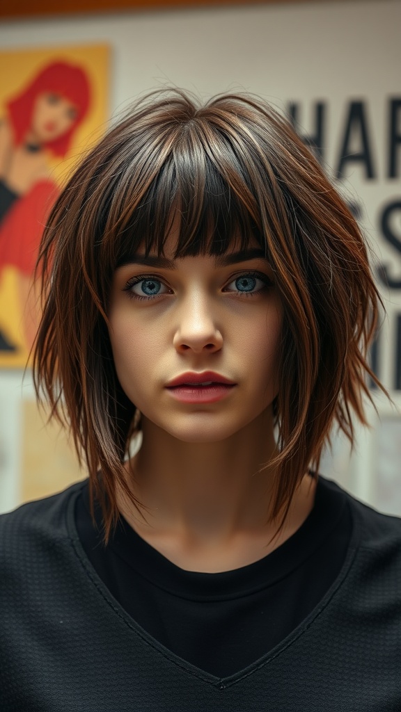 A model with shaggy bob hairstyle and blunt bangs, showcasing layered hair with highlights.