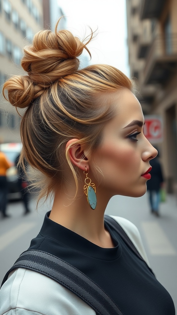 A woman with a modern messy bun and statement earrings, showcasing a stylish and casual look.