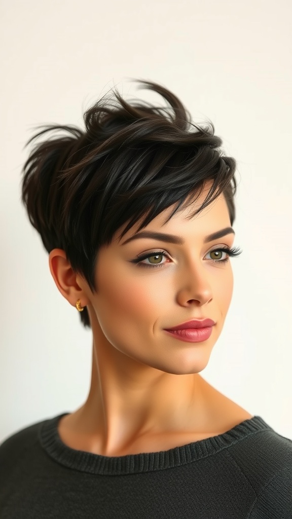 A woman with a modern pixie haircut, showcasing volume and stylish layers.
