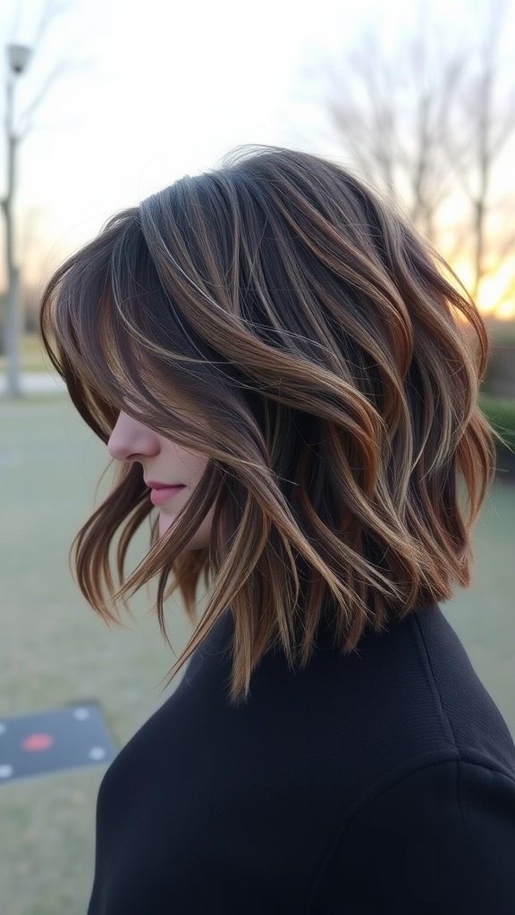 A woman with a modern shaggy lob hairstyle showing textured layers and highlights.