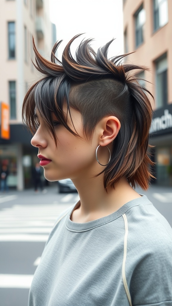 A modern mullet hairstyle with spiky top and shaved sides, showcasing straight hair.